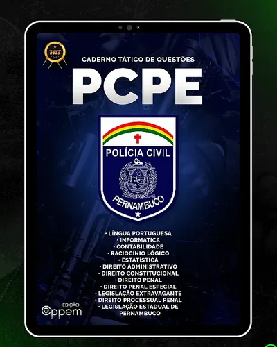 Capa do Caderno Tático de Questões PCPE em um tablet